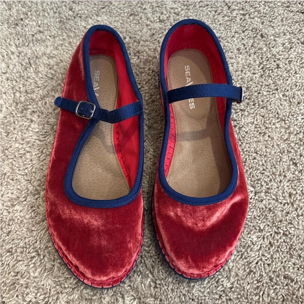 SeaVees Red Velvet Mary Janes with Navy Trim